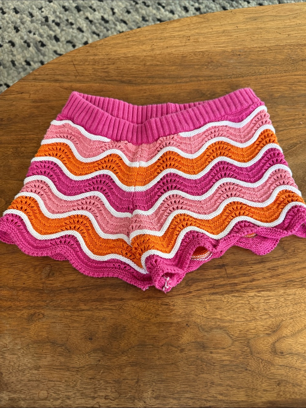 Andy & Evan Hot Pink, Orange & White Crochet Wave High-Waist Shorts